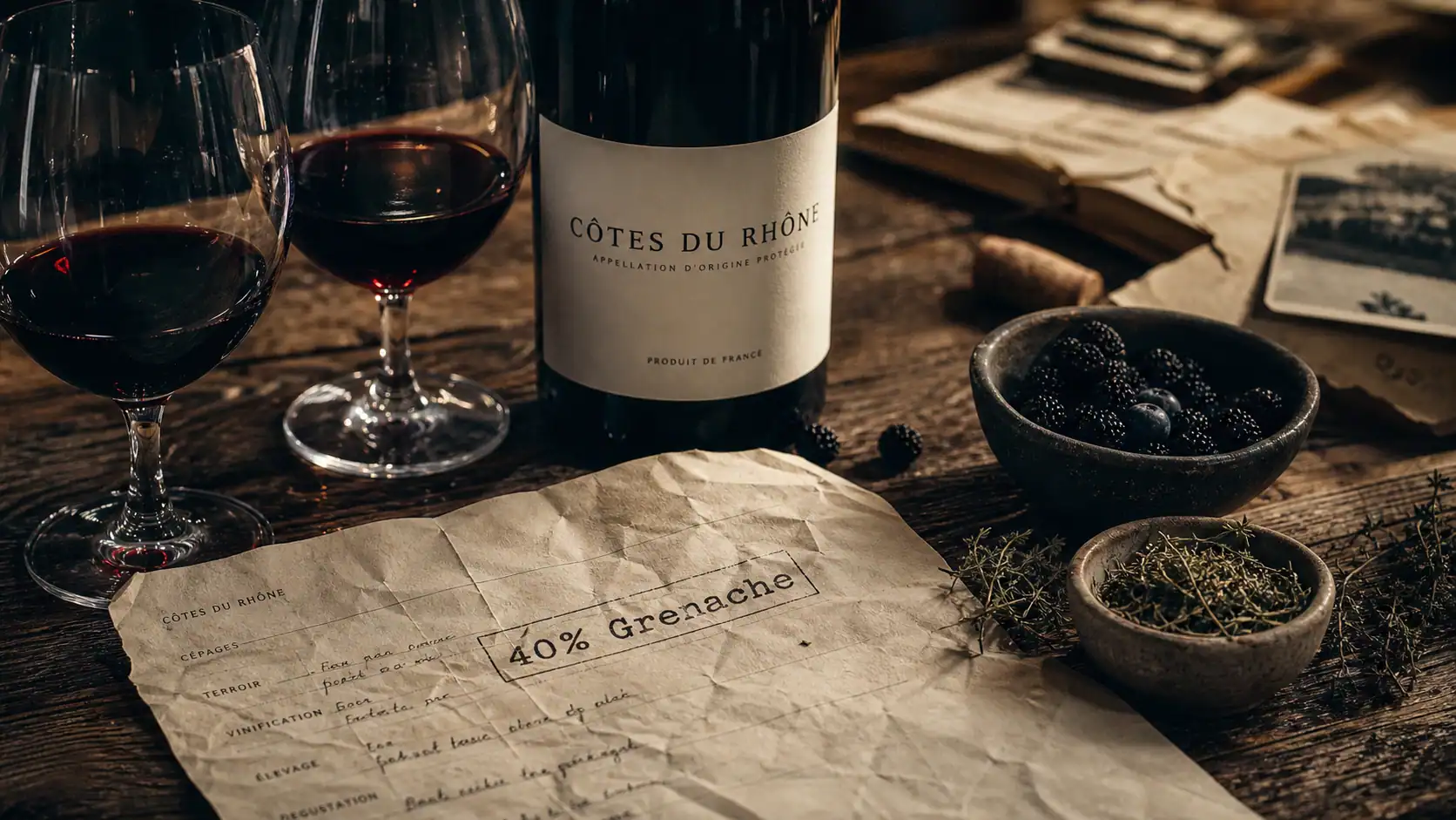 cepage cote du rhone : Grenache Syrah Mourvèdre, dégustation en verres