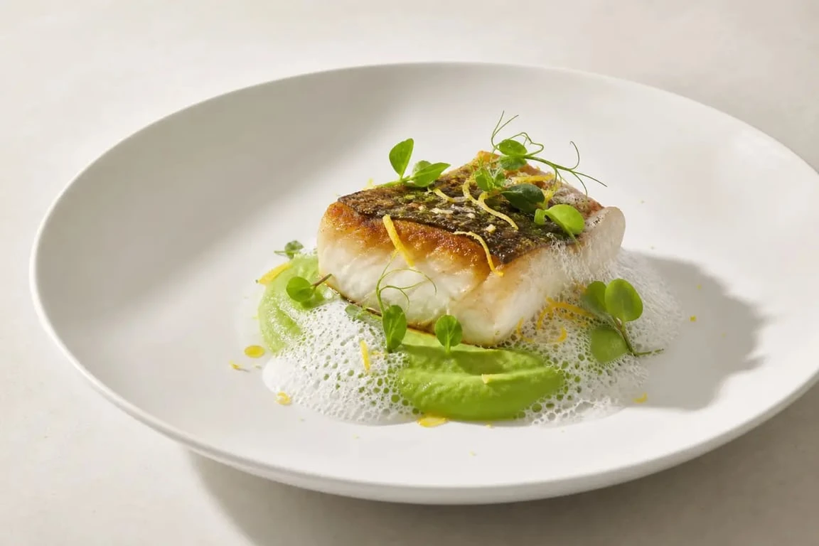 Recette de chef : cabillaud rôti, purée de petits pois et émulsion citronnée