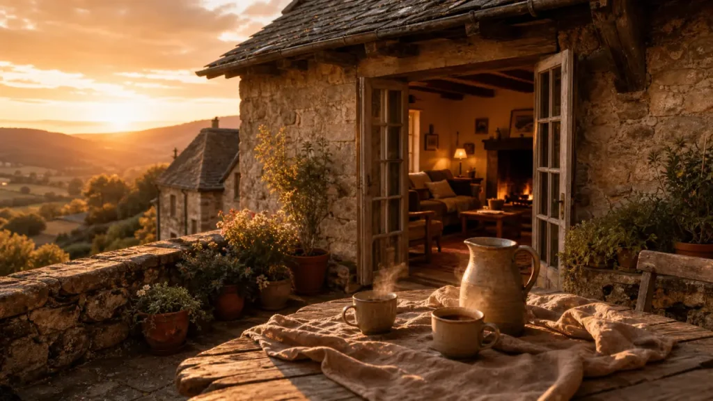 Gite de charme avec terrasse en pierre au golden hour