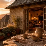 Gite de charme avec terrasse en pierre au golden hour
