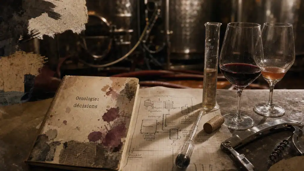 L oenologie en cave et laboratoire : cuves, densimètre, moût et vin