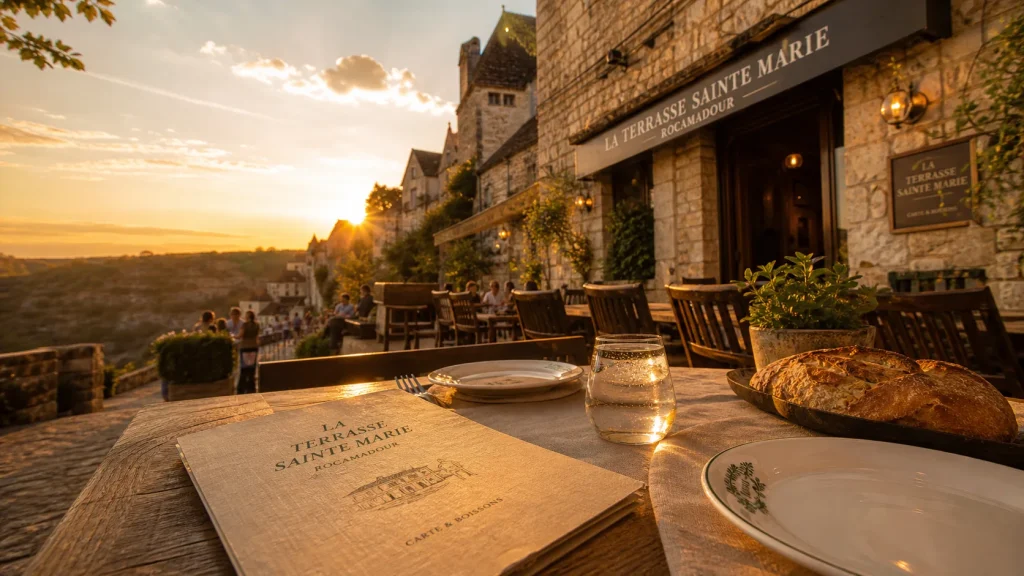 La terrasse Sainte Marie à Rocamadour, vue golden hour en terrasse