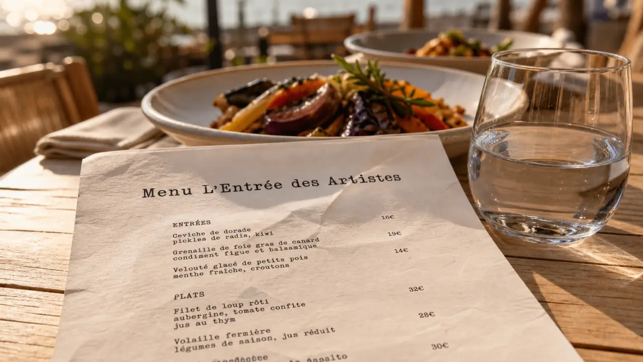 Menu de l'entrée des artistes à Fréjus sur une terrasse, réservation