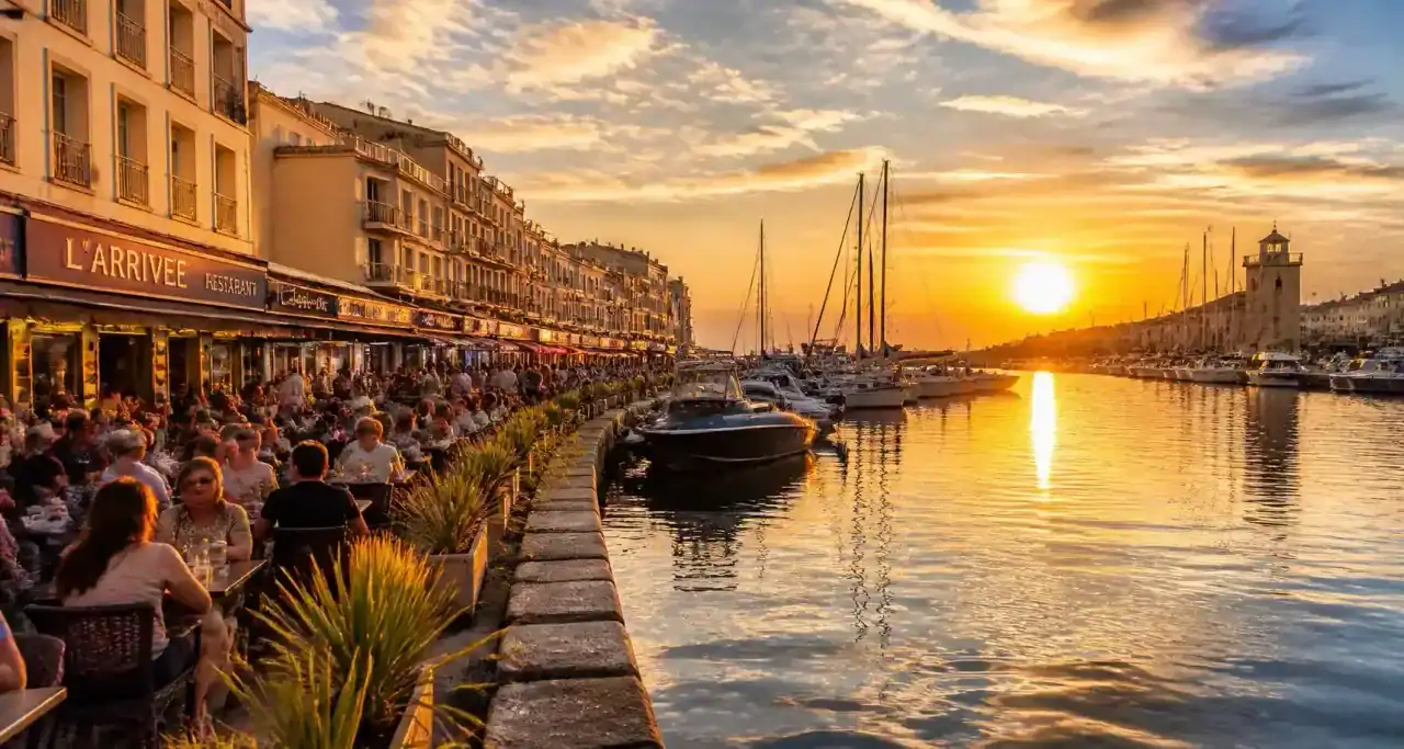 Terrasse au coucher du soleil près du port