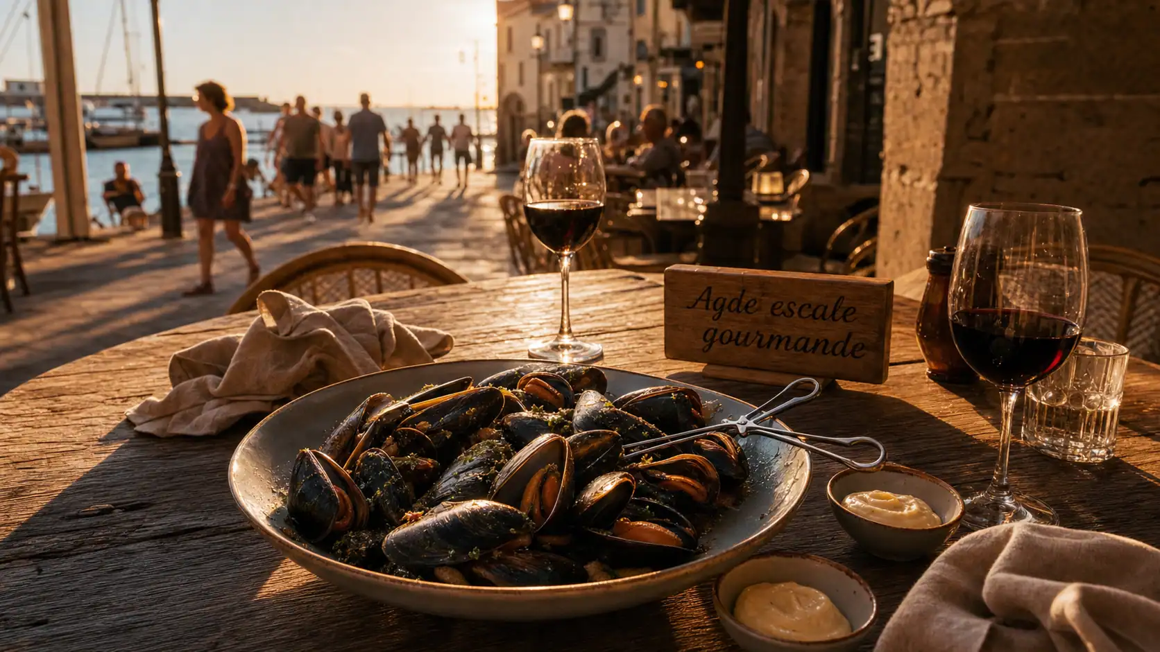 Restaurant Agde : brédusa de moules sur plancha et terrasse du centre historique