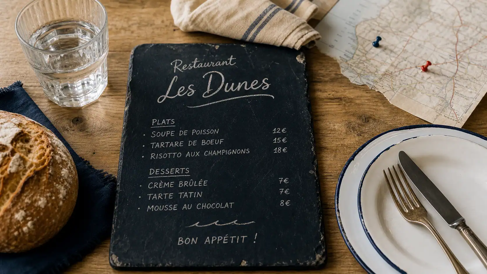 restaurant dunes : table dressée et ardoise Restaurant Les Dunes