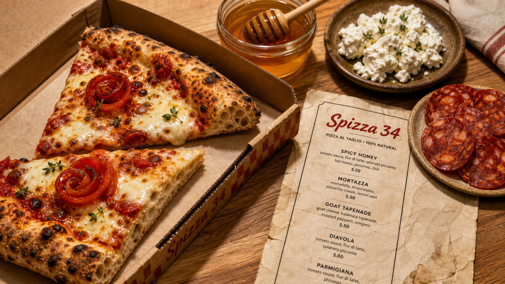 Spizza 34 à Montpellier : parts de pizza sur table bois, menu imprimé