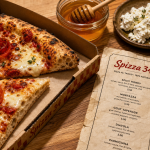 Spizza 34 à Montpellier : parts de pizza sur table bois, menu imprimé