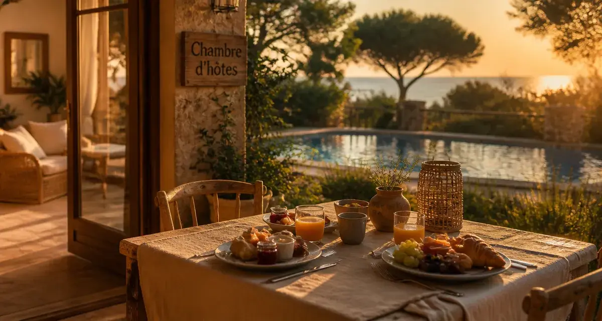 Chambres d hôtes Cap d Agde : petit-déjeuner sur terrasse avec piscine