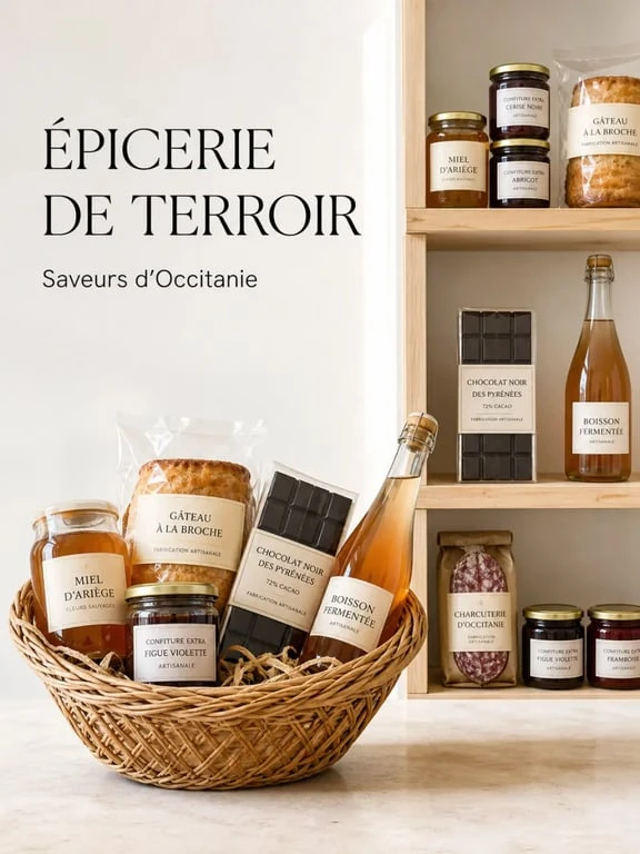 Épicerie Occitanie avec panier de produits régionaux et spécialités du terroir