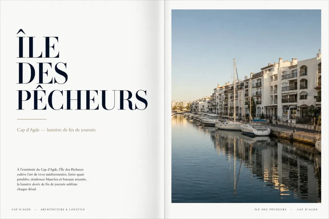 Île des Pêcheurs cap d'agde, vue maritime du port et des résidences