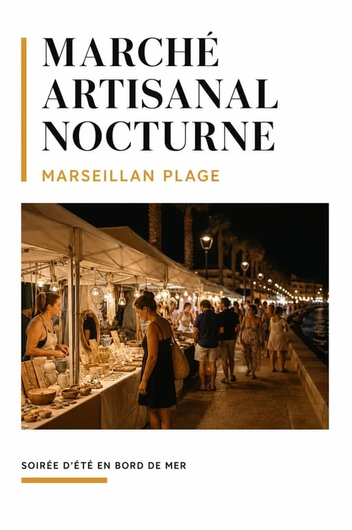 Marché Marseillan Plage nocturne avec stands artisanaux et ambiance de soirée