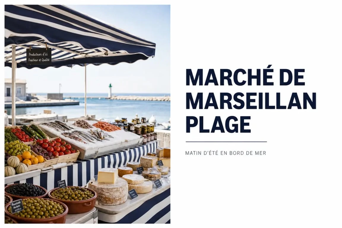 Marché Marseillan Plage le matin en bord de mer avec des étals de produits frais