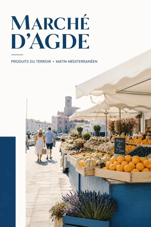 Marché Agde en plein air avec étals de fruits, légumes et ambiance méditerranéenne