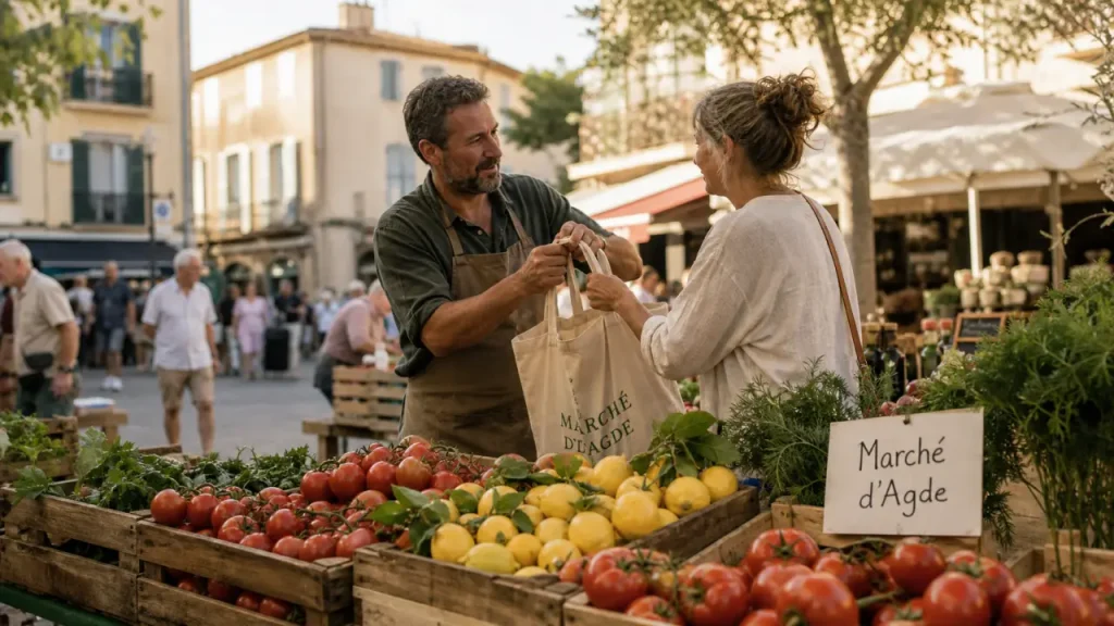 Marché Agde, marche agde au petit matin : étal de produits frais