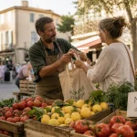 Marché Agde, marche agde au petit matin : étal de produits frais