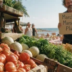 Marché marseillan plage : étal tomates et melons sur le marché en bord de mer