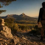 Randonnée herault au Salagou : pierres, cairn et randonneur