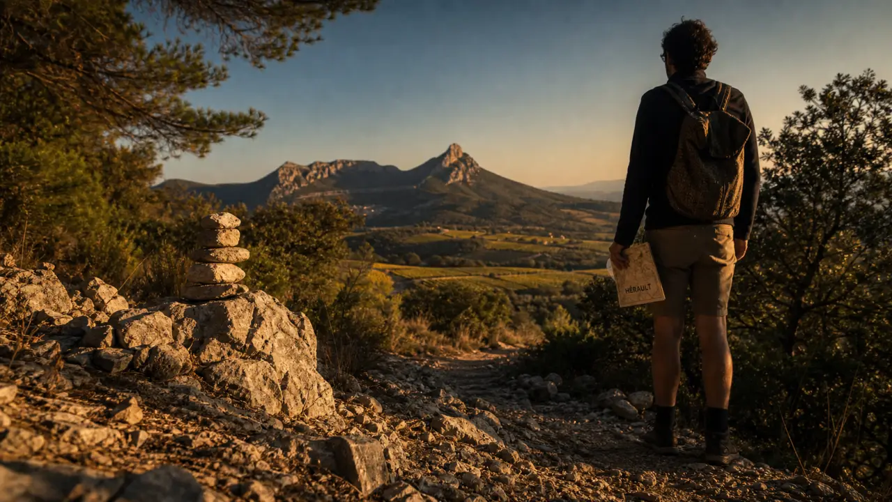 Randonnée herault au Salagou : pierres, cairn et randonneur