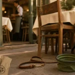 Restaurant chien accepté : terrasse avec gamelle et laisse, salle visible