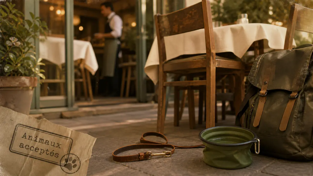 Restaurant chien accepté : terrasse avec gamelle et laisse, salle visible