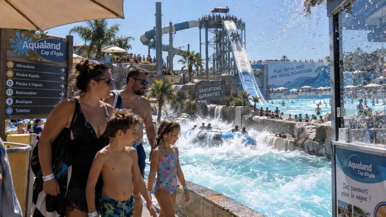 Aqualand cap d agde : famille devant toboggan aquatique