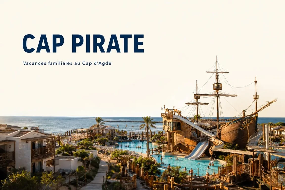 Camping pirate cap d agde : visuel du complexe Pirates World au bord de la mer avec hébergements et parc aquatique