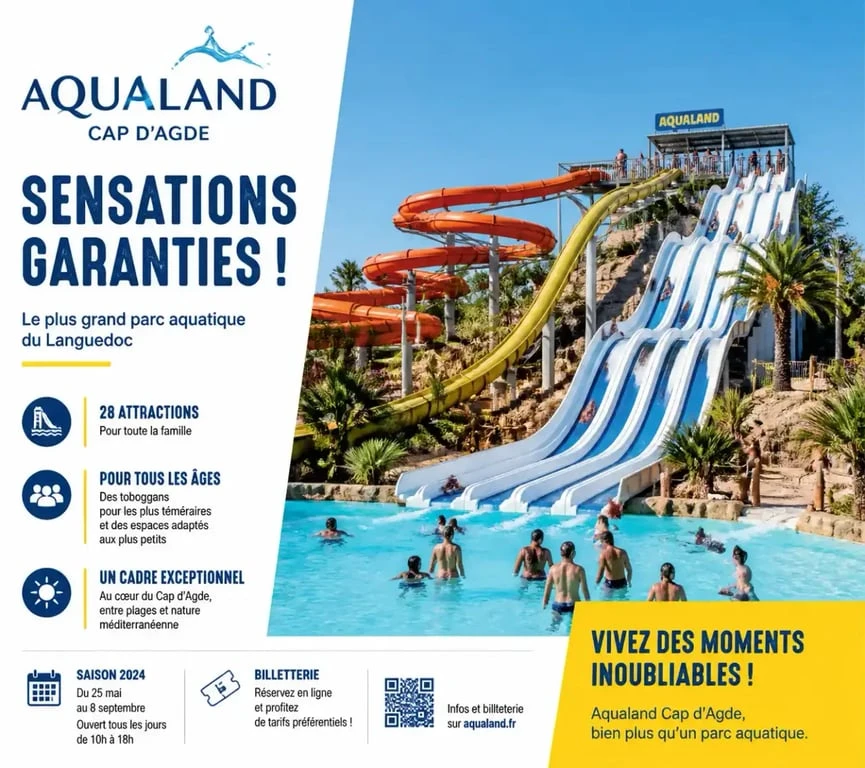 Vue d'ensemble des attractions aquatiques à Aqualand Cap d'Agde