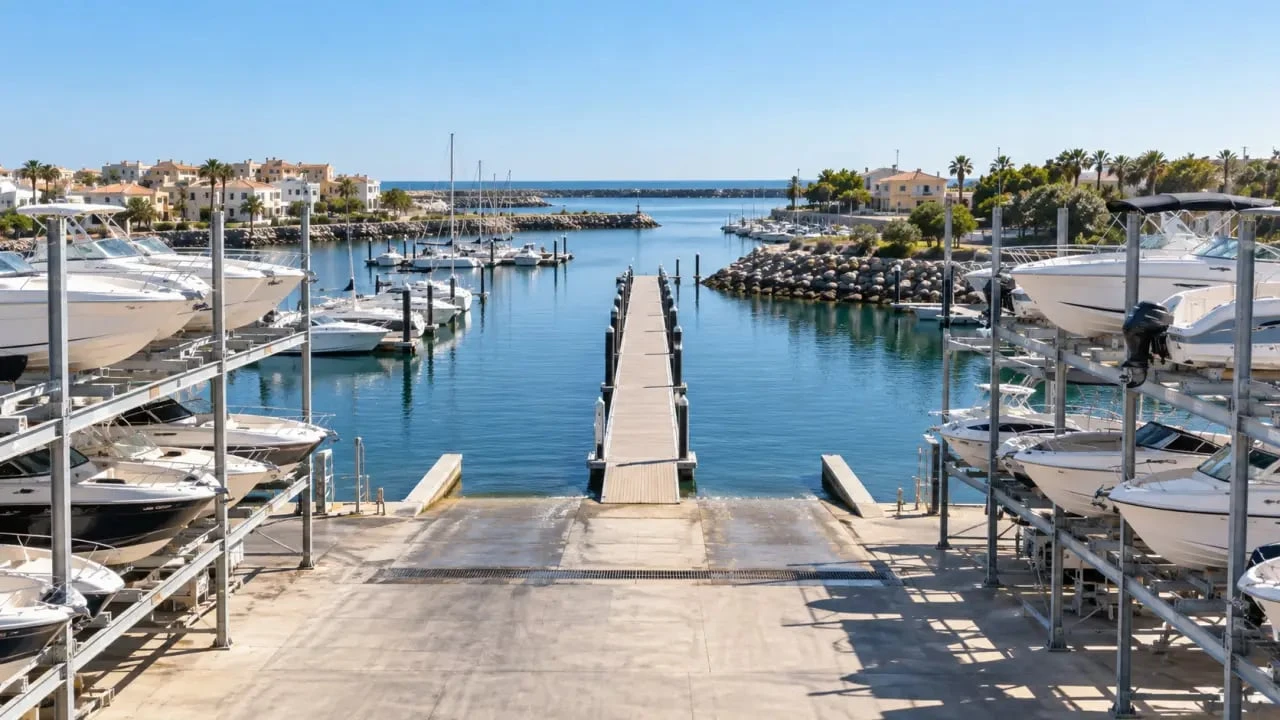 Port à sec du Cap d’Agde avec bateaux à moteur sur racks et ponton