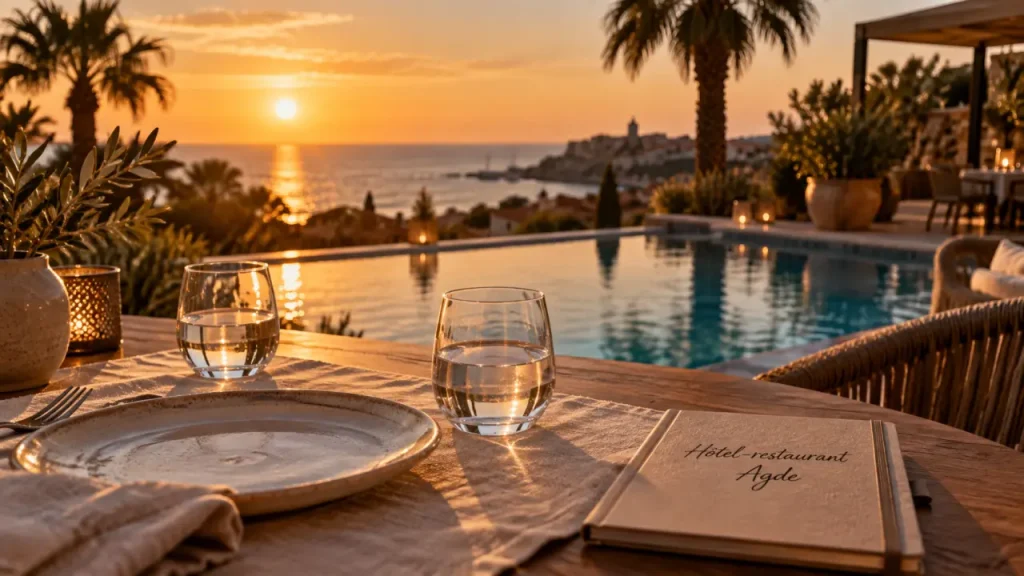 Hotel restaurant Agde : vue terrasse, plage et piscine, dîner