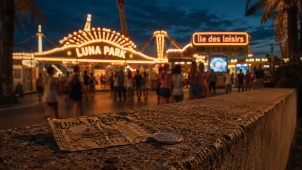 Île des loisirs cap d agde, Luna Park éclairé au coucher du soleil