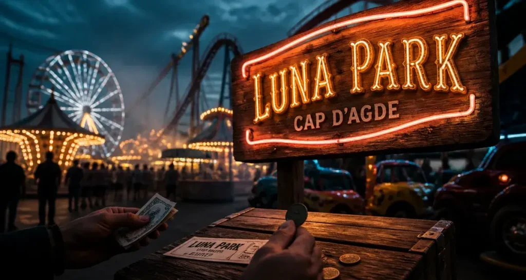 luna park cap d agde au crépuscule, billets et néons, vue des manèges