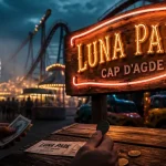 luna park cap d agde au crépuscule, billets et néons, vue des manèges