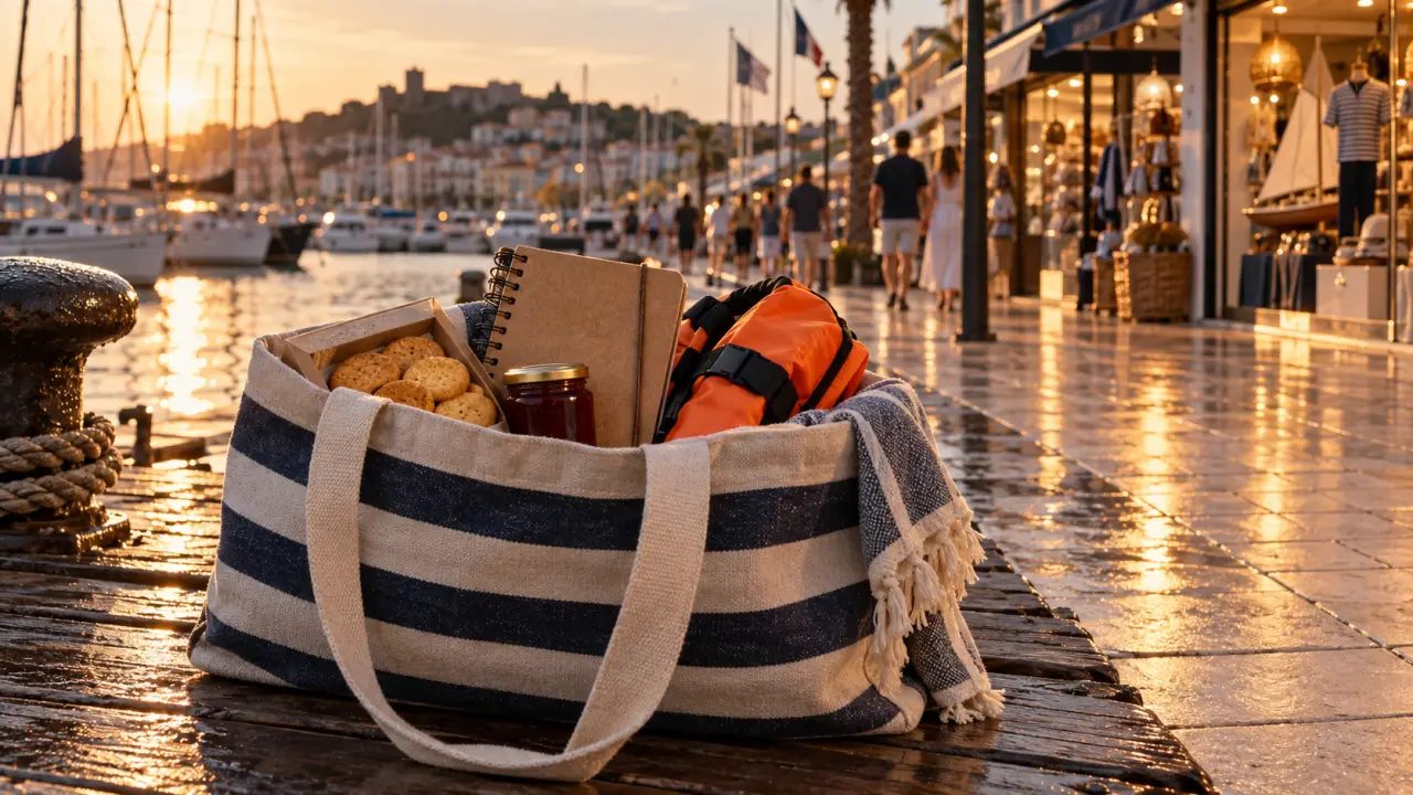 Magasin cap d agde port : sac de quai avec biscuits, confiture et équipement nautique