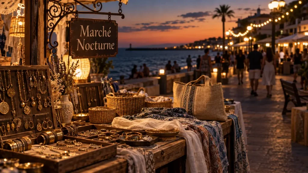 Marchés grau d agde nocturne : étals au front de mer, bijoux en laiton