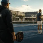 Padel cap d agde : terrain extérieur et coach près du filet