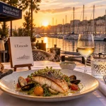 restaurant l estacade cap d agde, vue du port au coucher du soleil et poisson maison