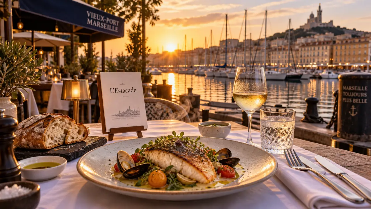 restaurant l estacade cap d agde, vue du port au coucher du soleil et poisson maison