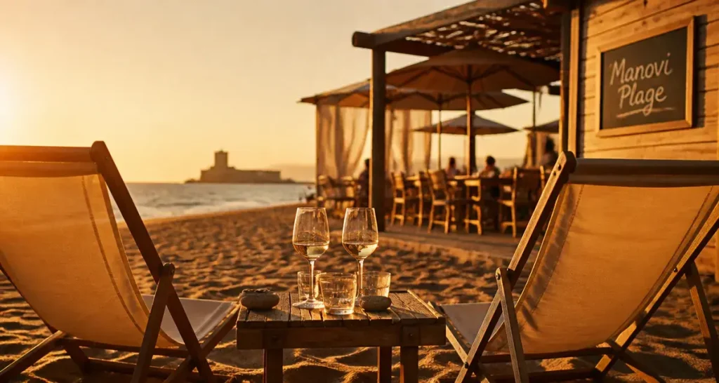 Restaurant manovi cap d agde, transats et terrasse Manovi Plage face au Fort Brescou à l’heure dorée