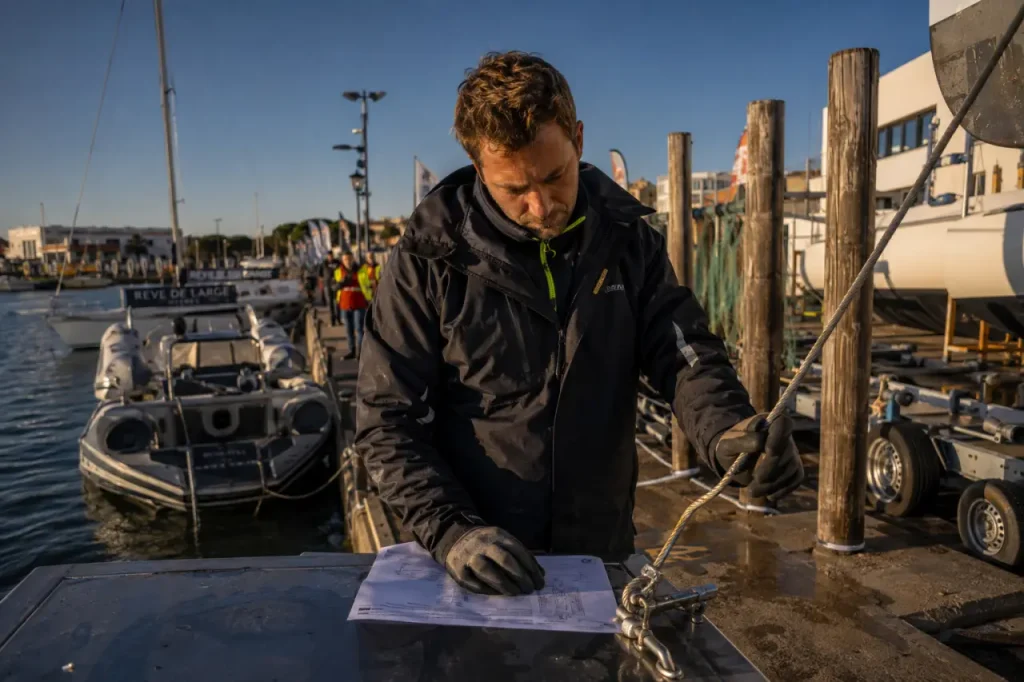 Salon nautique cap d agde 2025 : homme examine fiche technique au port