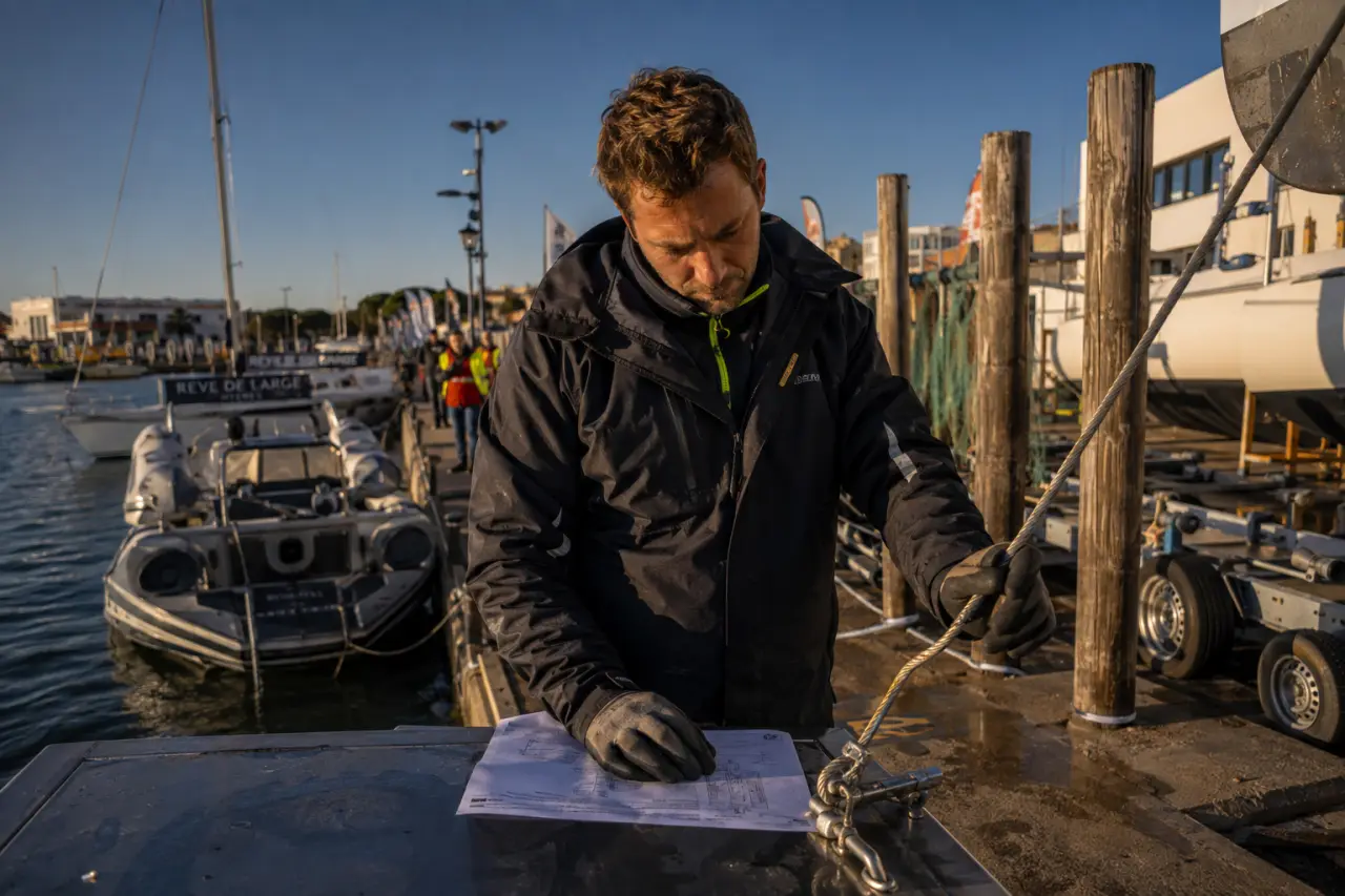 Salon nautique cap d agde 2025 : homme examine fiche technique au port