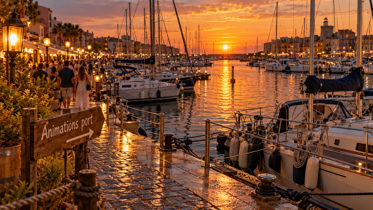 Animation port cap d agde : coucher du soleil au port, quais et voiliers