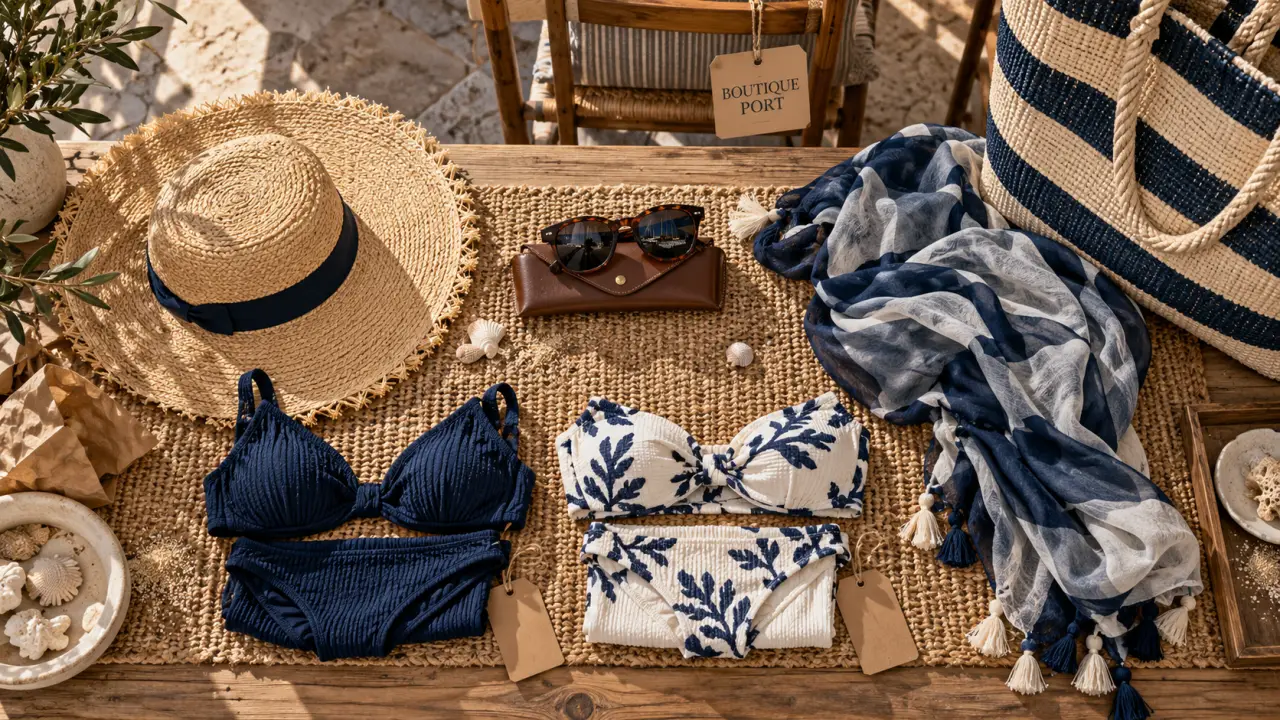 Cap d agde boutique port : étalage maillots, lunettes et cadeaux au port