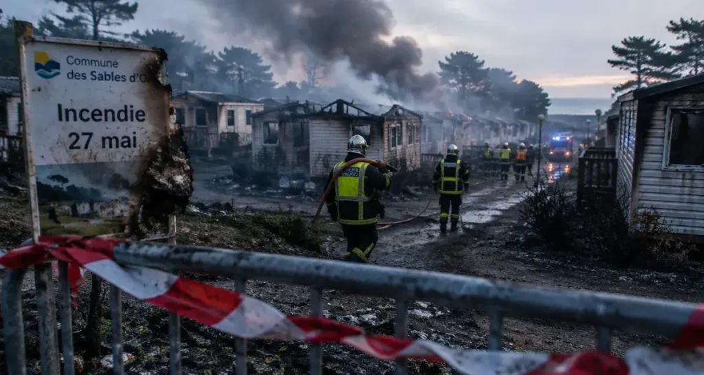 Incendie camping cap d agde, pompiers et fumée noire près des mobil-homes