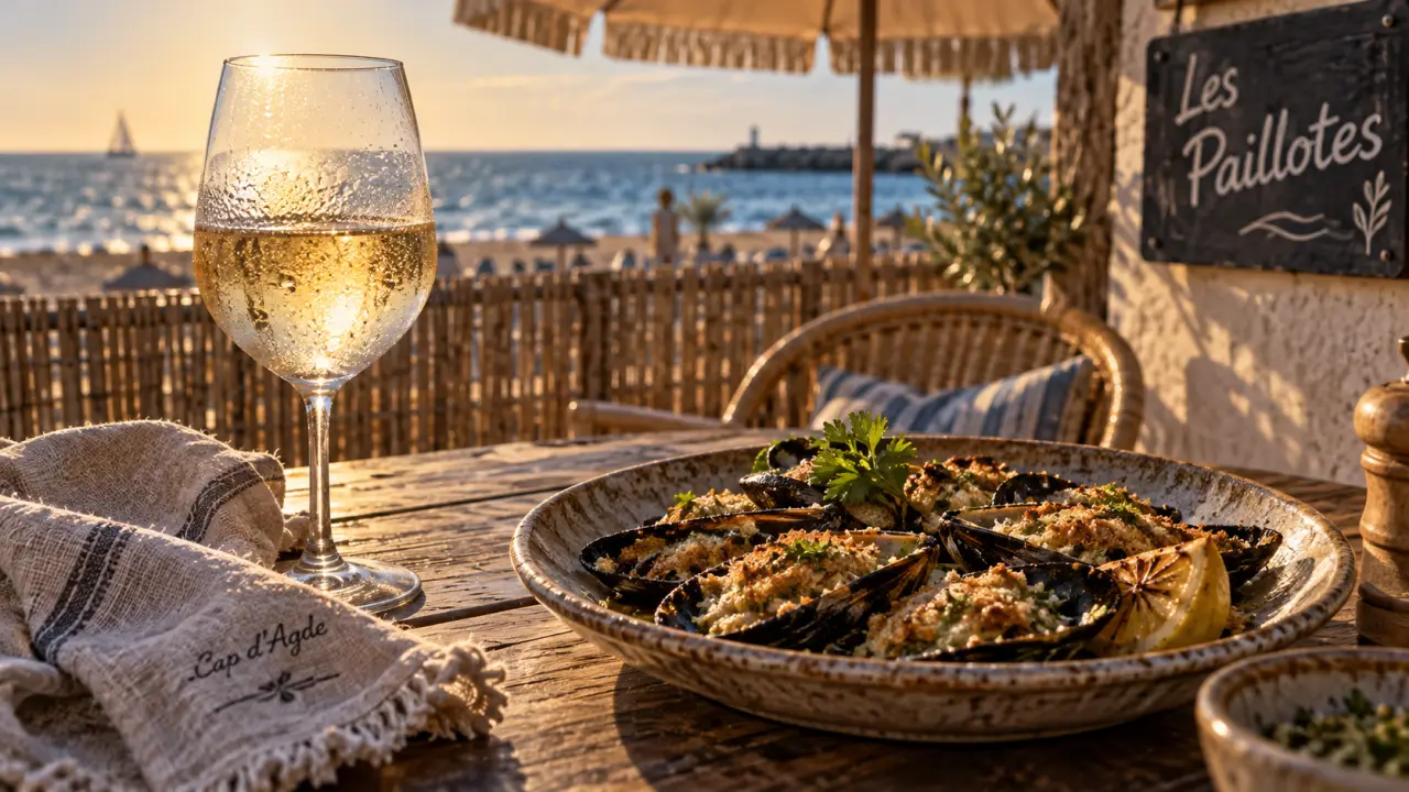 Les paillotes brasserie Agde, déjeuner pieds dans le sable face à la mer