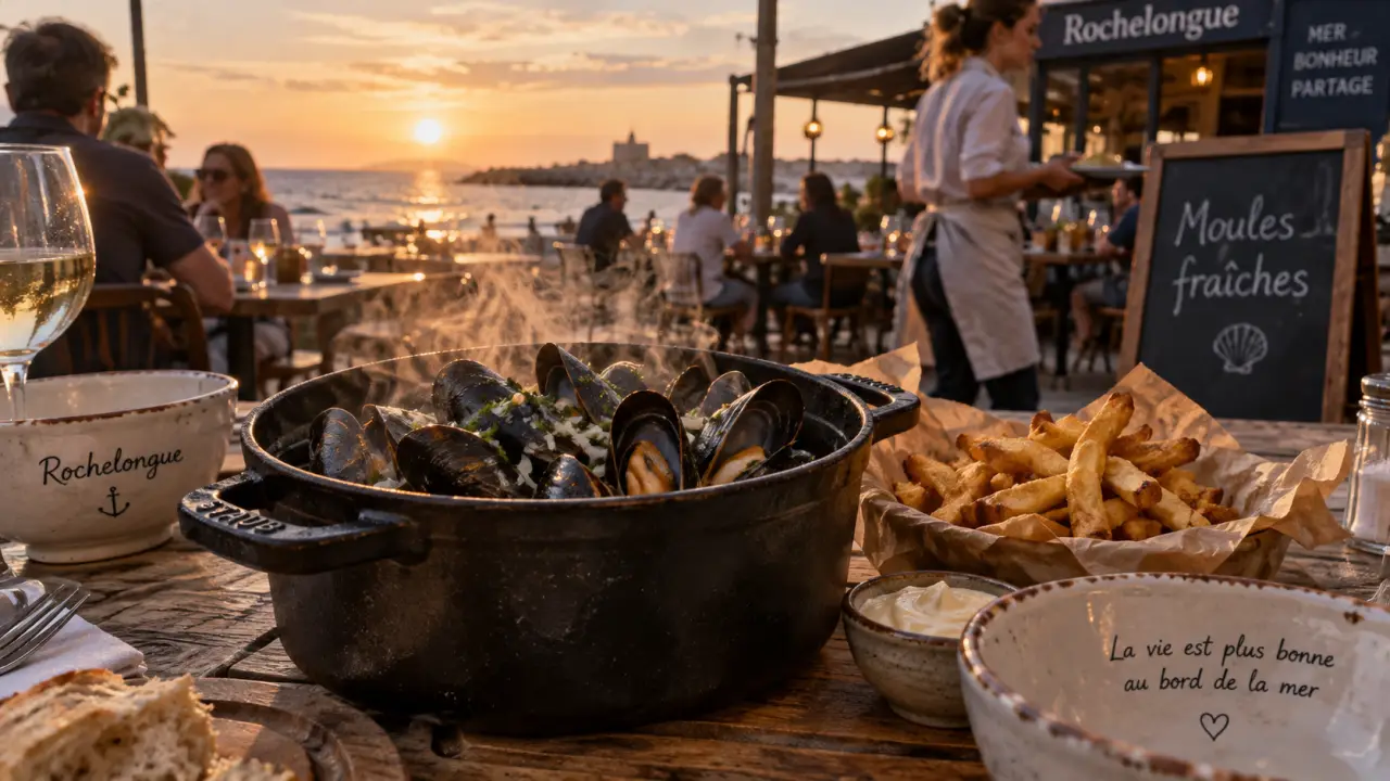 Meilleur restaurant moules Cap d Agde : cocotte de moules marinière à Rochelongue, terrasse bord de mer