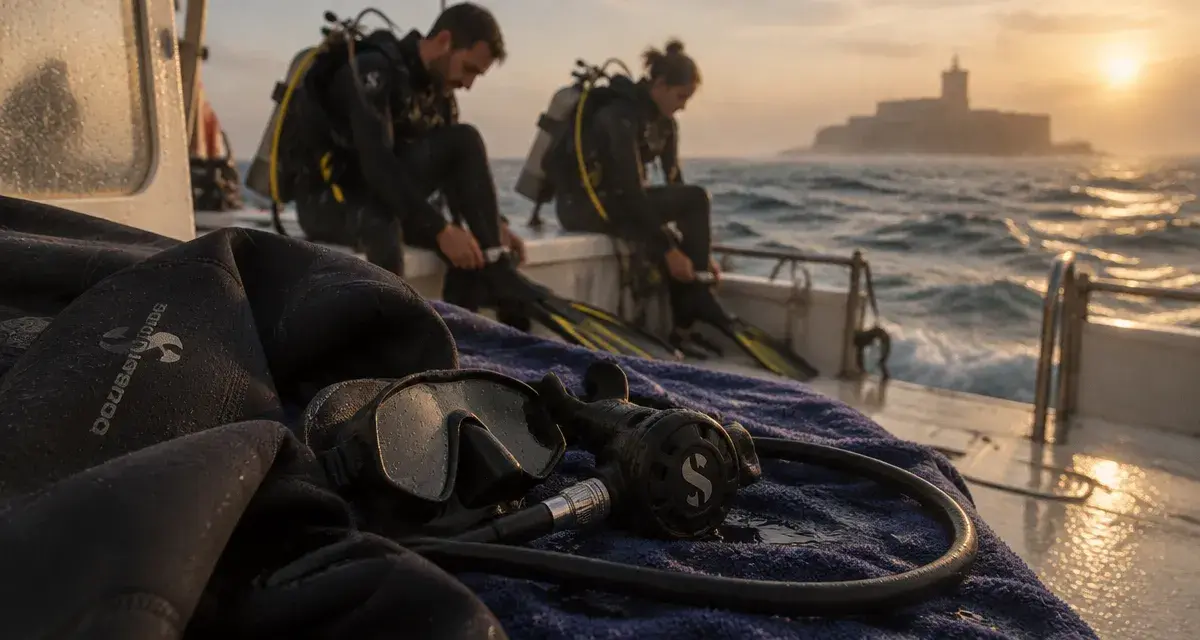 Plongée cap d agde : masque et détendeur sur un bateau au Cap d’Agde