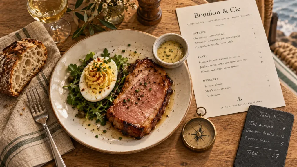 Restaurant le bouillon cap d agde : cuisine traditionnelle, œuf mimosa et jambon braisé