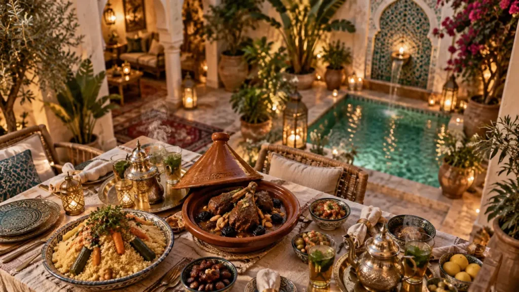 Restaurant marocain Agde : patio animé, thé à la menthe fumant, tajine et couscous