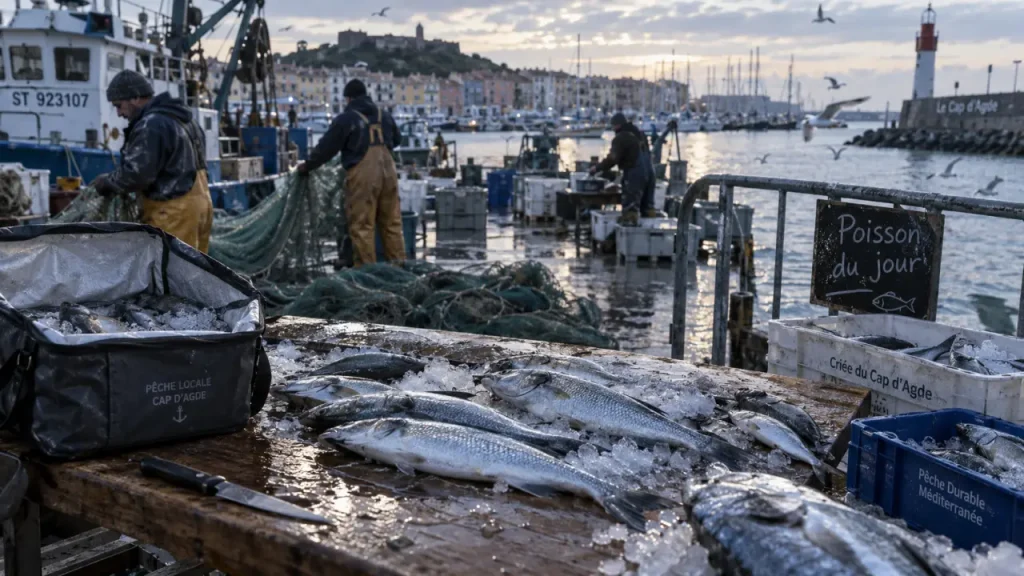 Vente poisson direct pêcheur Agde : étal de poisson du jour au port, glace et sac isotherme